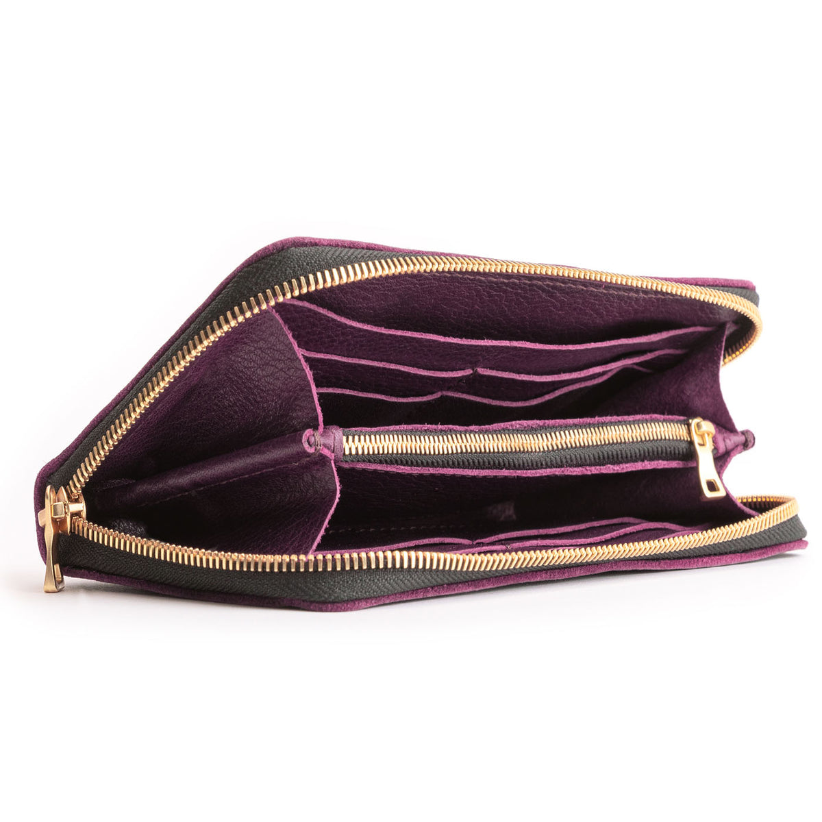 Plum | Large accordion leather wallet with zipper open