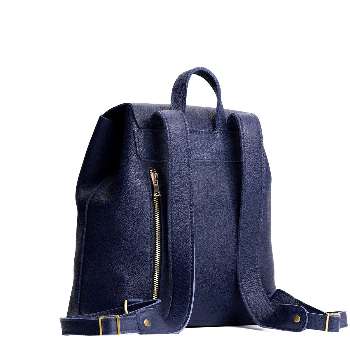 Cobalt | Back of leather backpack showing rear zippered pocket on a white background