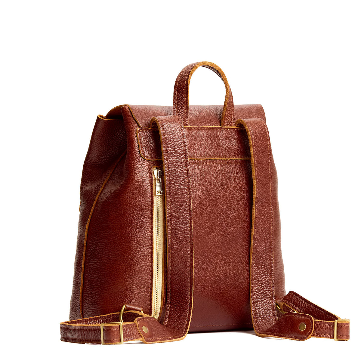 Nutmeg | Back of leather backpack showing rear zippered pocket on a white background