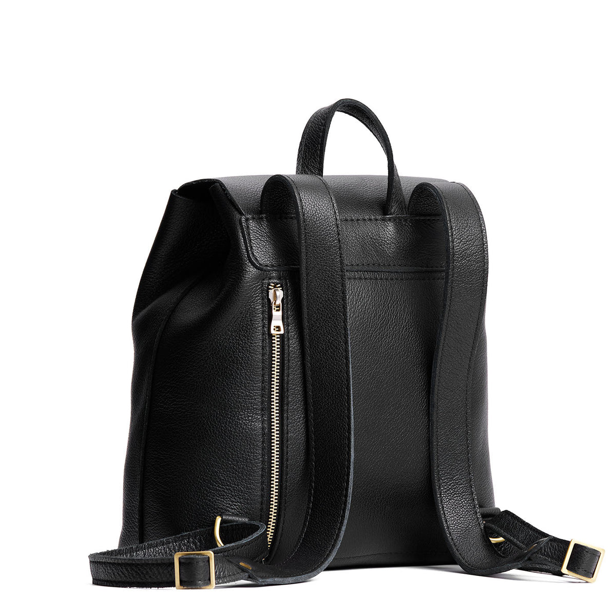 Pebbled--black | Leather backpack with magnetic flap closure on a white