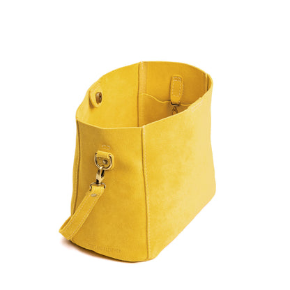 Hello Yellow | symmetrical bucket bag with latch closure and removable crossbody strap