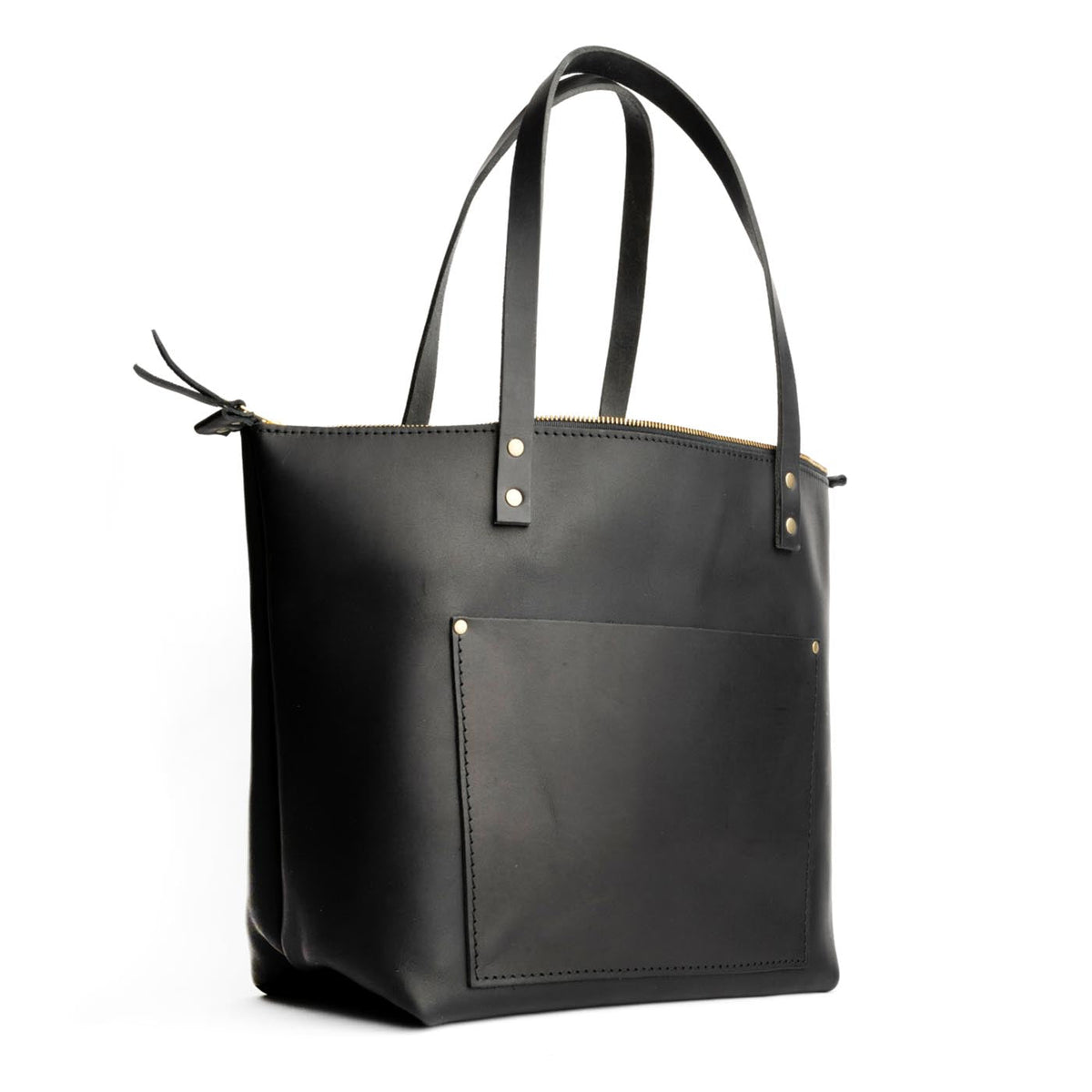 Black*Zipper | Large zipper leather tote bag with sturdy bridle handles and front pocket