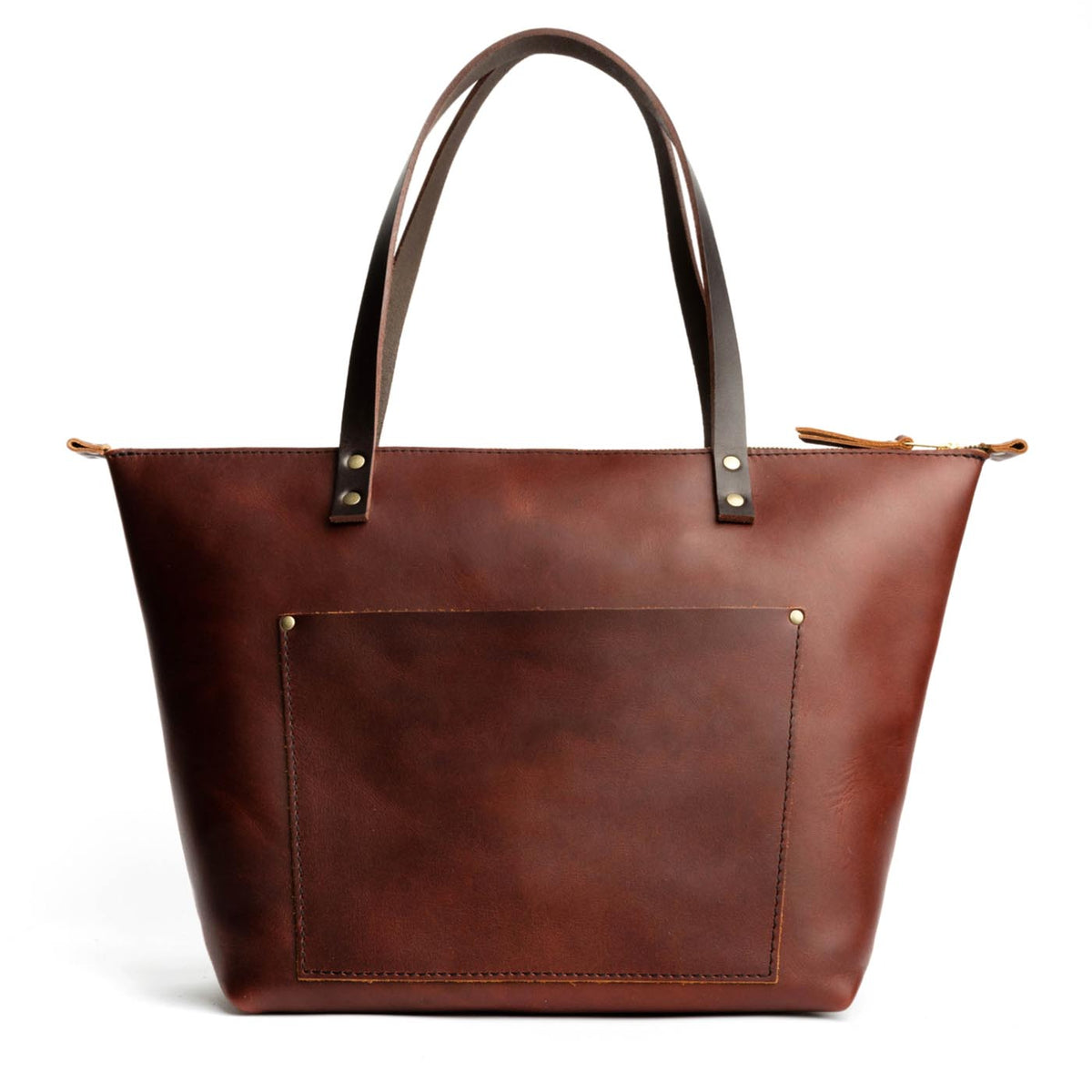 Cognac*Zipper | Large zipper leather tote bag with sturdy bridle handles and front pocket