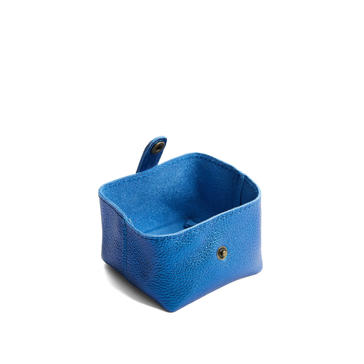 Comet Blue | Foldable square leather pouch with snap closure open