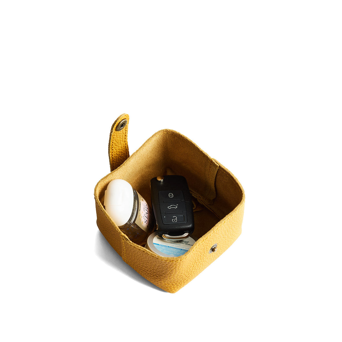 Sunshine | Foldable square leather pouch with snap closure open