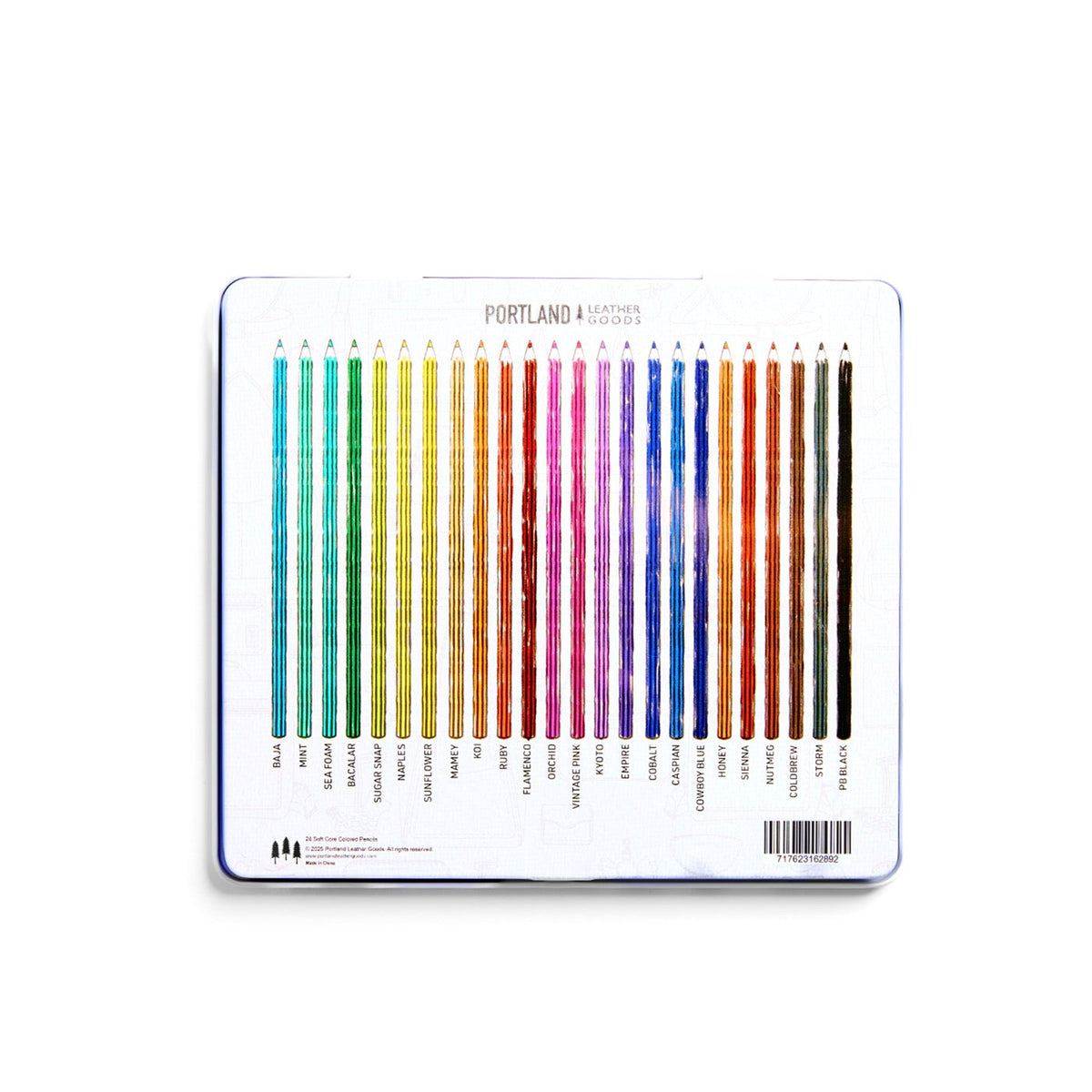 Back of colored pencils set showing colored pencils and their color names on a white background.
