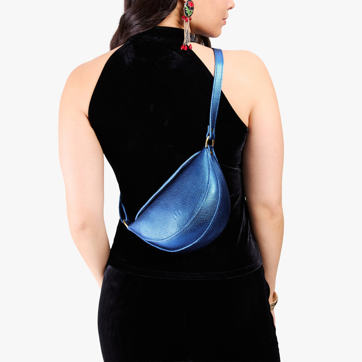 Comet Blue*Small | Model wearing half circle shaped sling bag