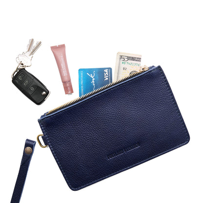 Cobalt | Leather wristlet with two zippered pockets and removable wrist strap