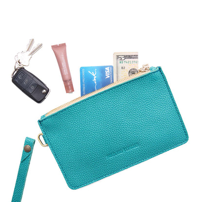 Seafoam | Leather wristlet with two zippered pockets and removable wrist strap