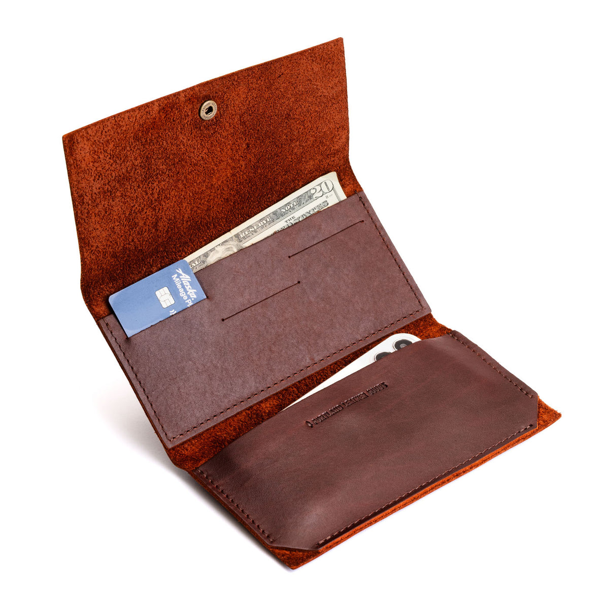 Cognac | Leather wallet with snap closure open