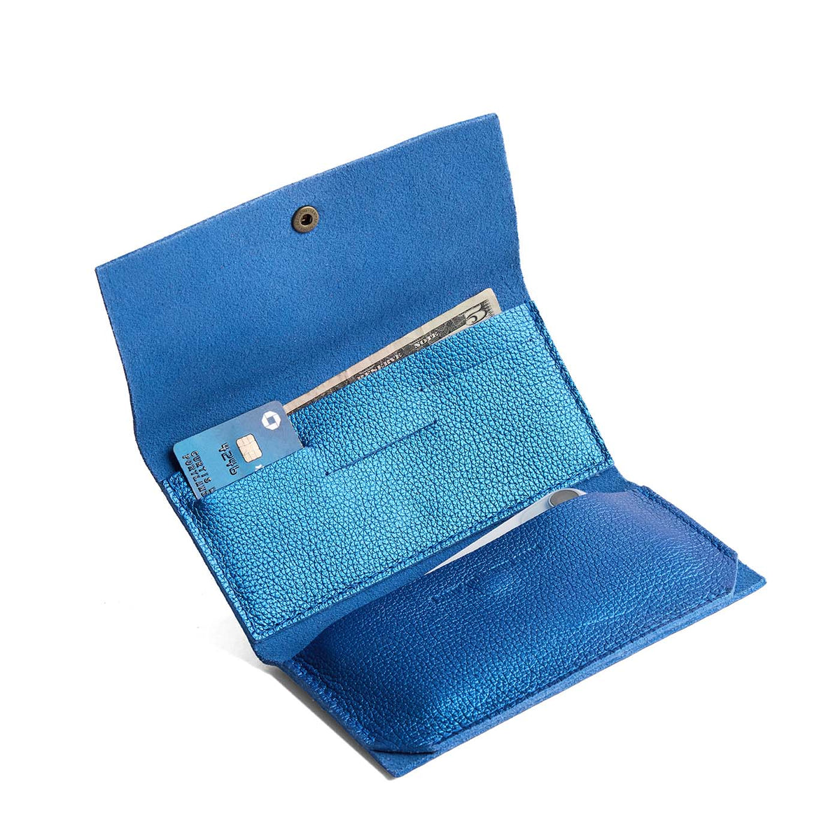 Comet Blue | Leather wallet with snap closure open