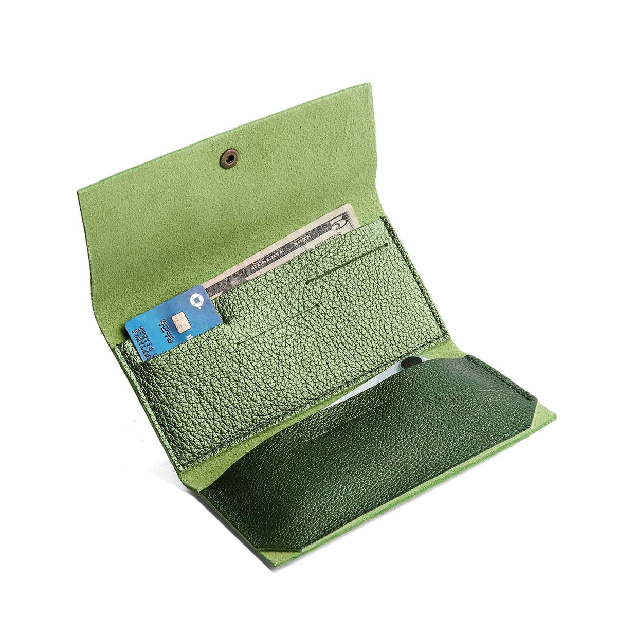 Metallic Greench | Leather wallet with snap closure