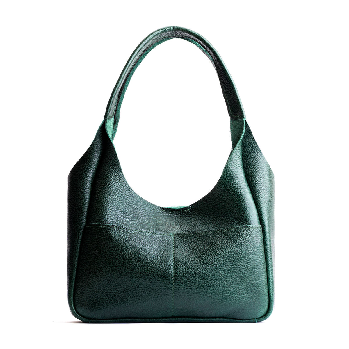 Forest Green*Medium | U-shaped, flat-bottomed leather shoulder bag with two outside pockets