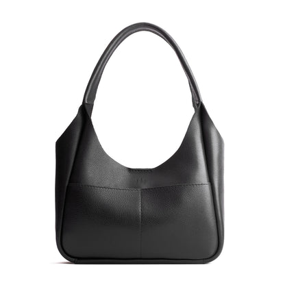 Pebbled--Black*Medium | U-shaped, flat-bottomed leather shoulder bag with two outside pockets