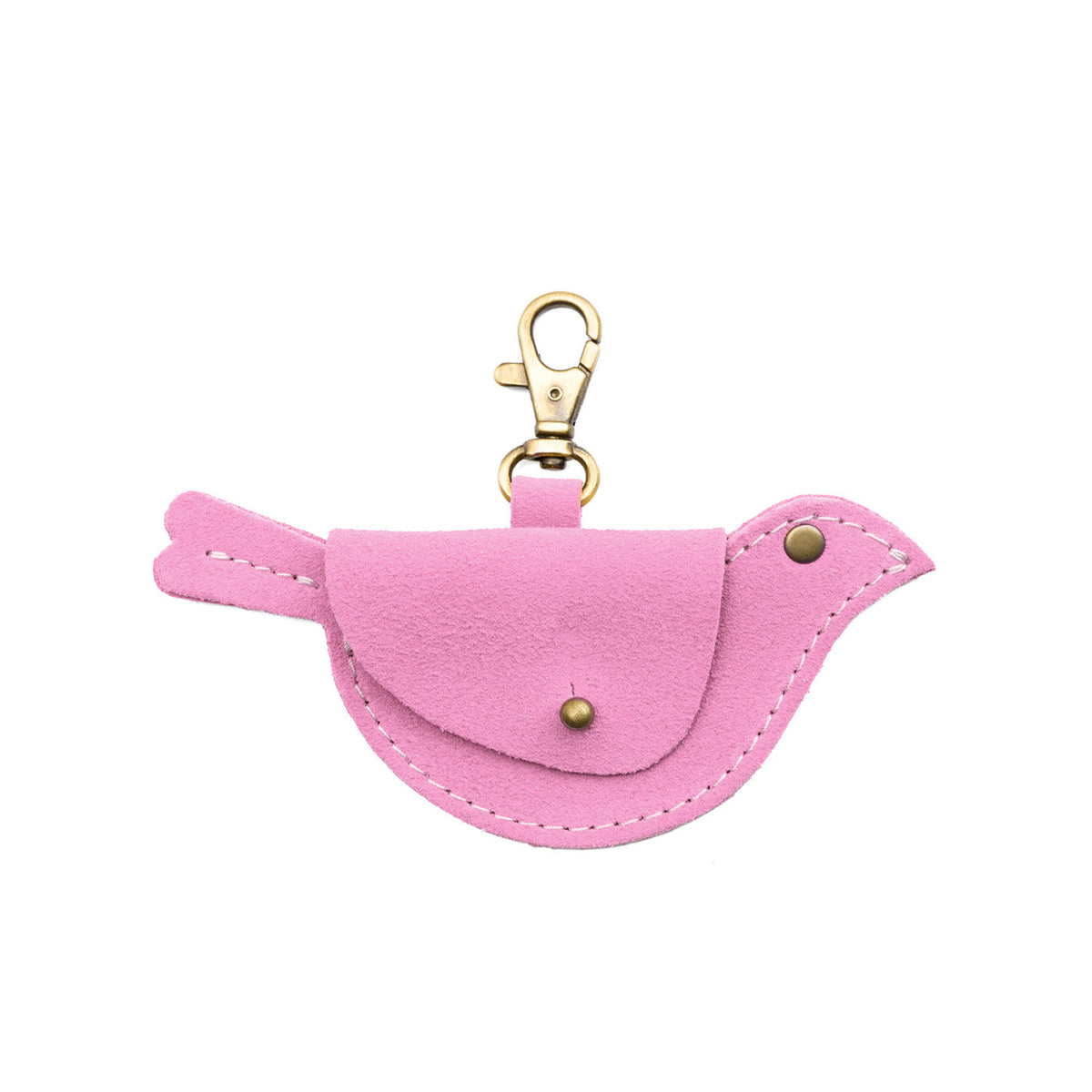 Pink Suede | Bird shaped pouch with button closure and lobster clasp