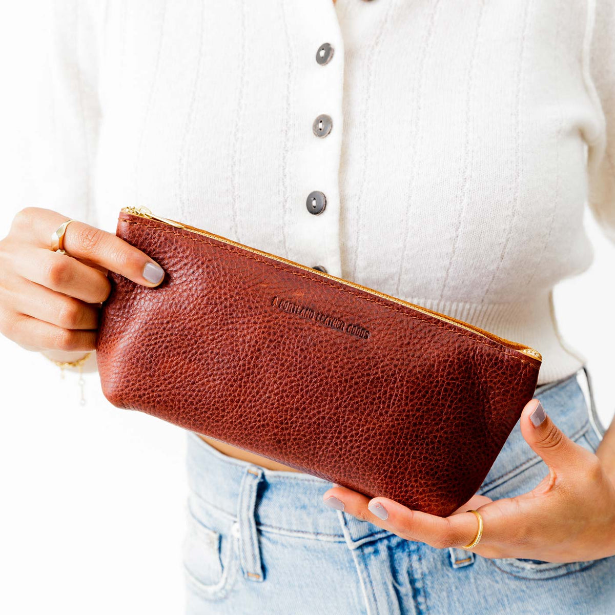 All Color: Nutmeg | Leather utility bag pouch with top zipper