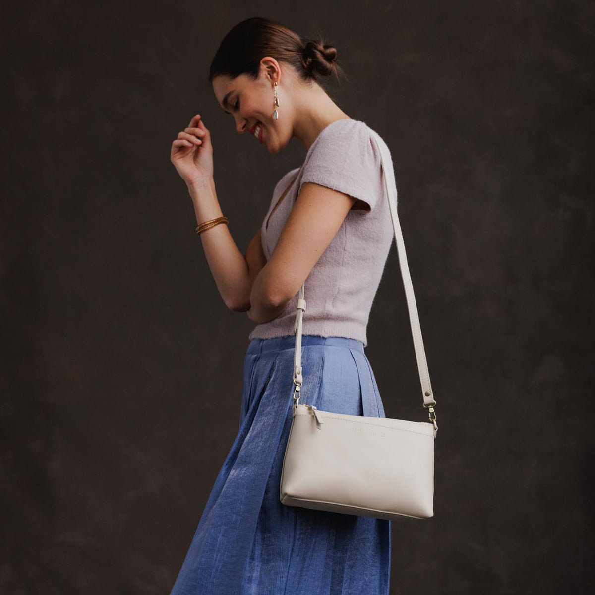 Bone*Small | Zip top petite crossbody bag with detachable strap