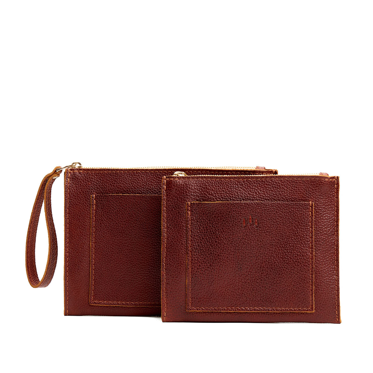 Nutmeg | Size comparison of both wristlet pouch with front pocket and zipper closure