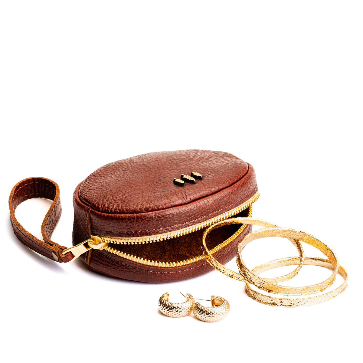 Nutmeg*Small | Oval shaped pouch with zipper and wristlet strap