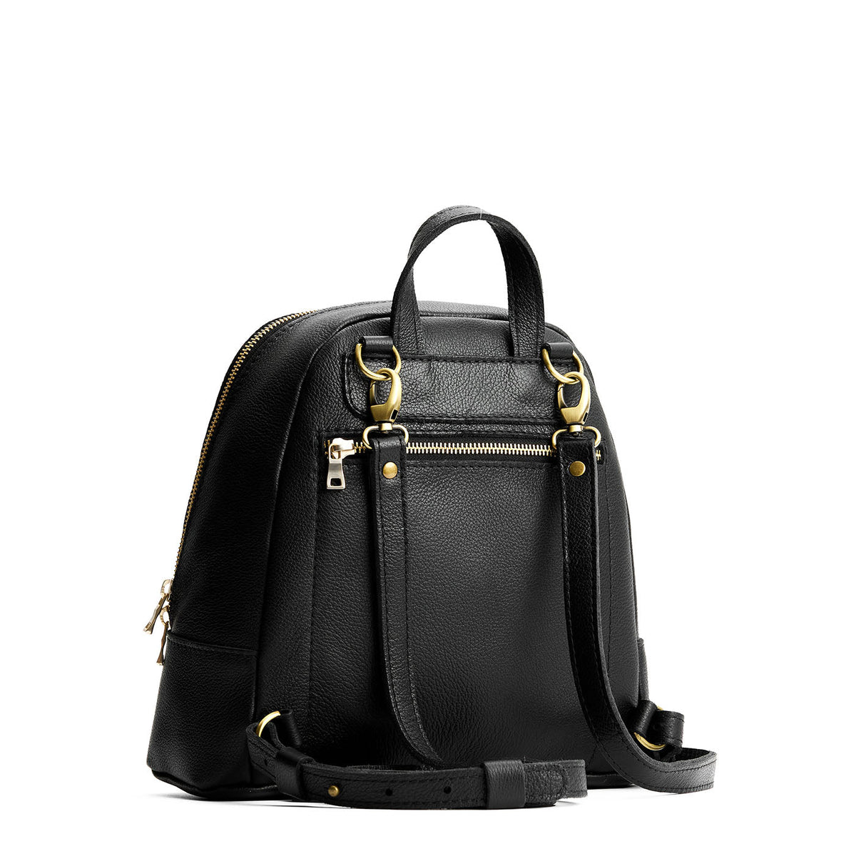 Pebbled--black | Leather backpack with debossed Portland Leather logo on front, with zipper closure and straps with lobster clasps