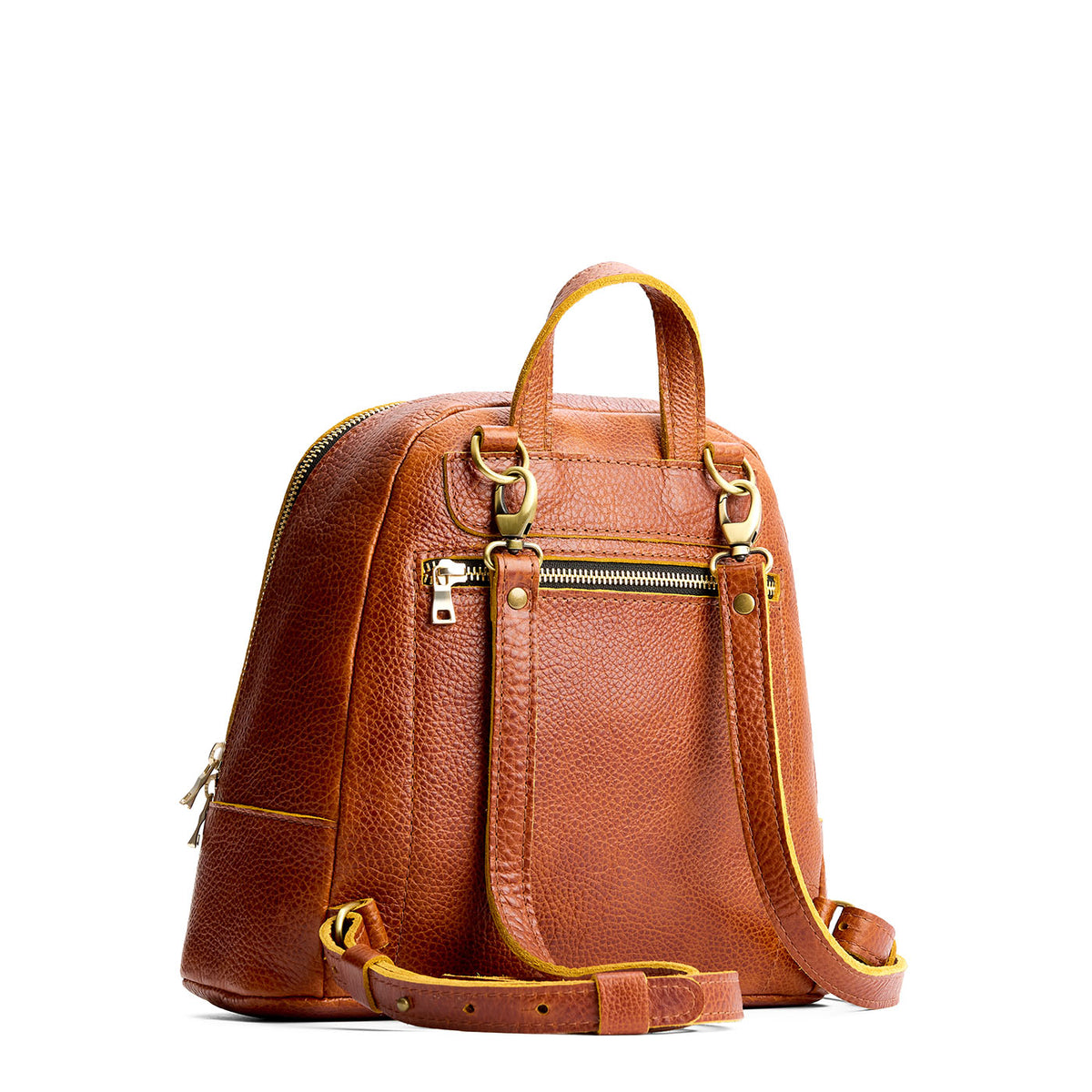 Sienna | Leather backpack with debossed Portland Leather logo on front, with zipper closure and straps with lobster clasps