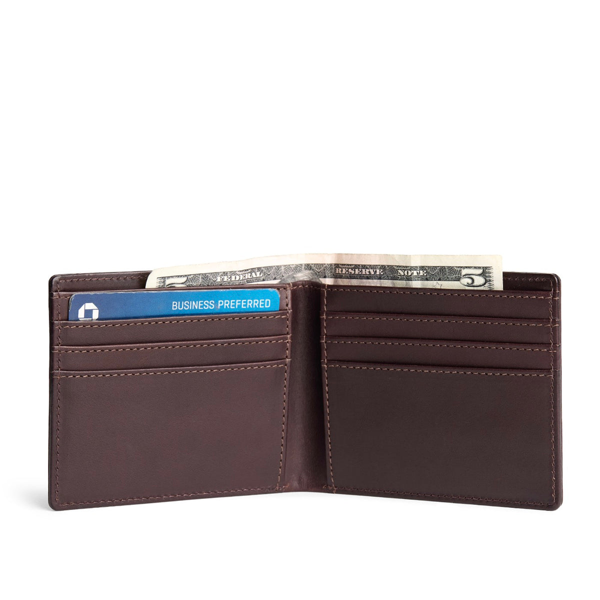 Trailstone*Deluxe | Bifold leather wallet with visible stitching on a white background