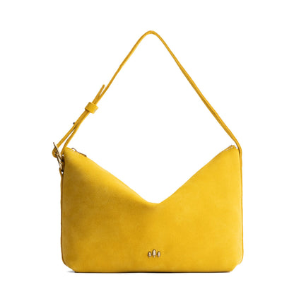 Hello Yellow*Large | Medium sized slouchy leather shoulder bag with zipper opening and three metal tree emblems