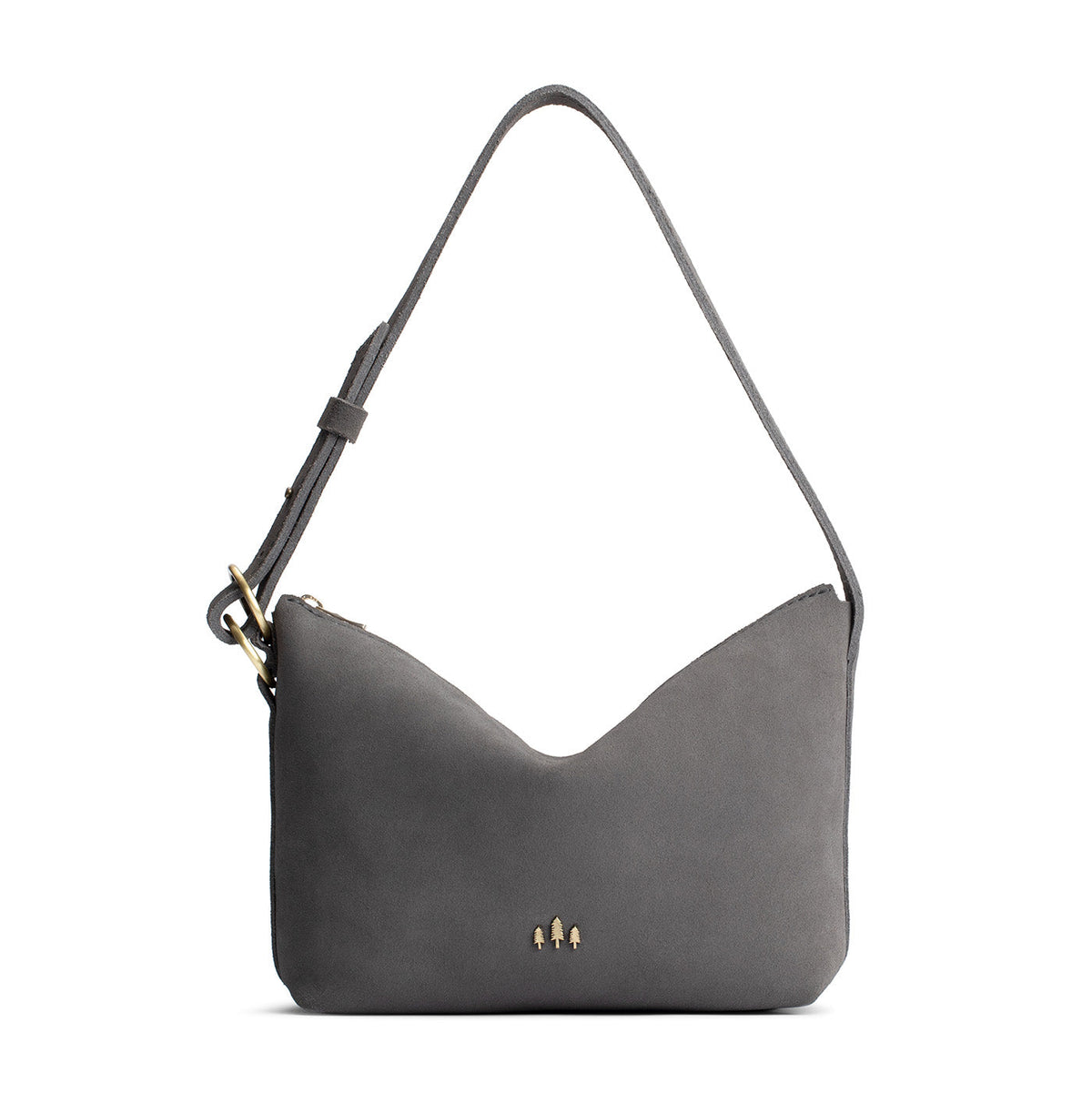 Smoke Grey*Small | Petite slouchy leather shoulder bag with zipper opening and three metal tree emblems