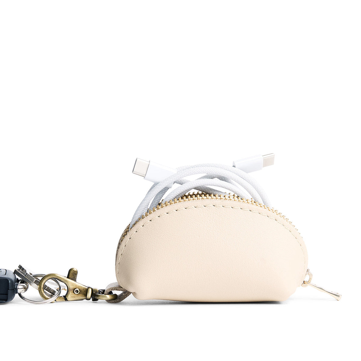 Bone | Taco shaped leather pouch with zipper and swivel lobster clasp on white background
