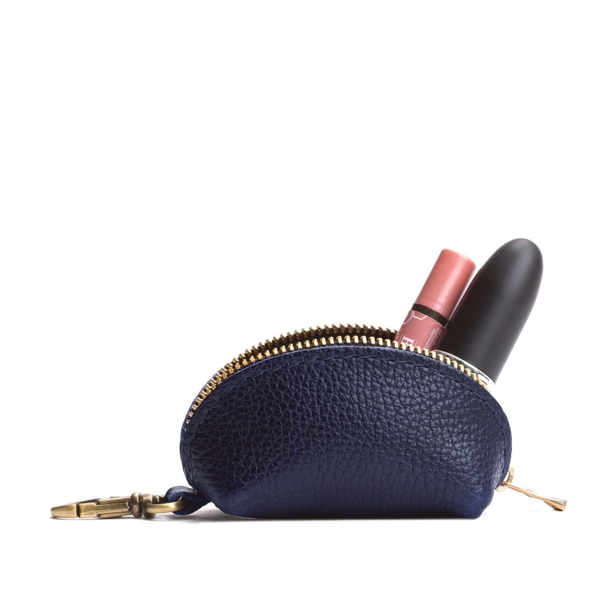 Cobalt | Taco shaped leather pouch with zipper and swivel lobster clasp on white background