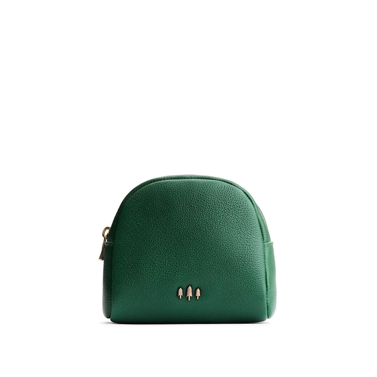 Bacalar | Curved top leather pouch with zipper opening, flat base, and three metal tree emblems in front