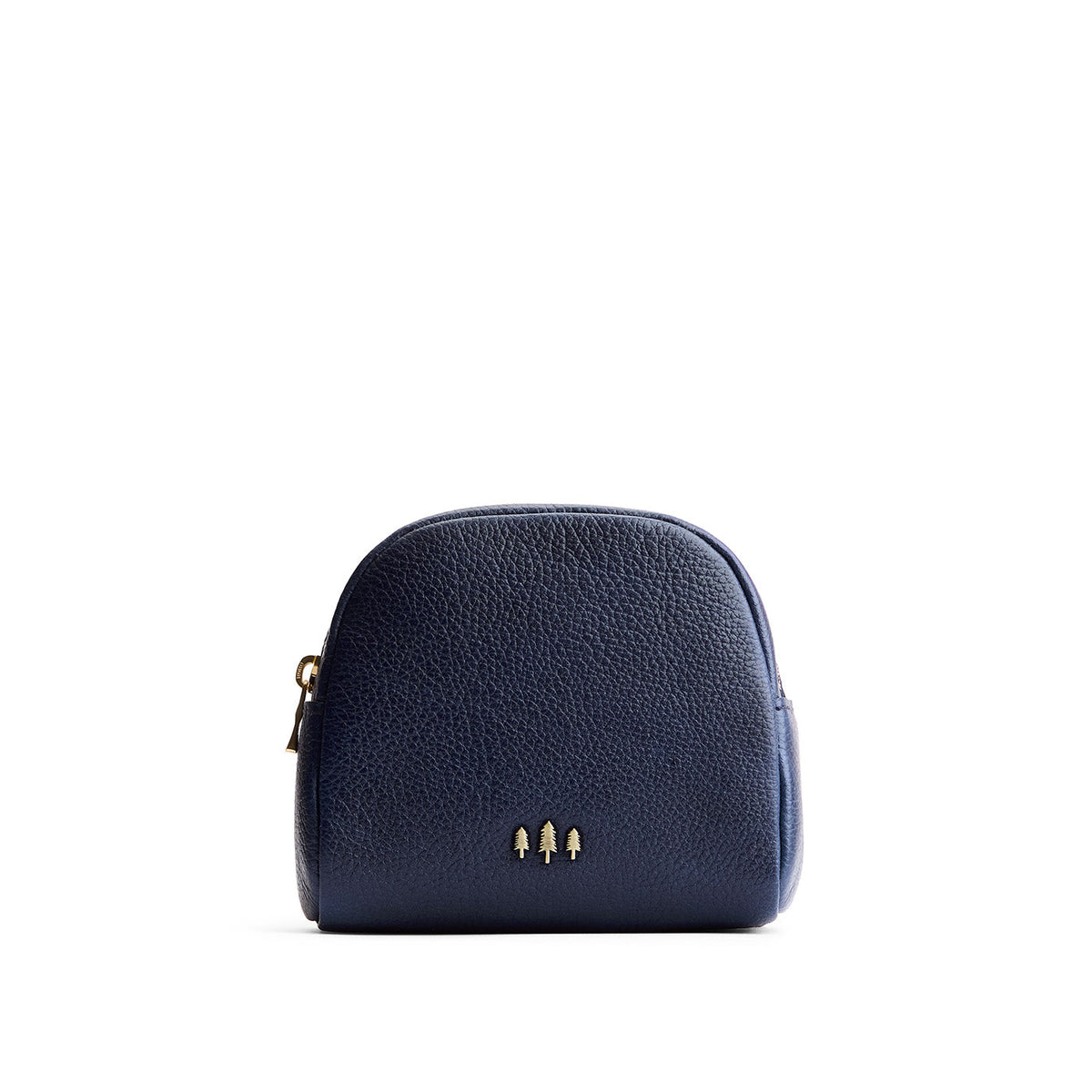 Cobalt | Curved top leather pouch with zipper opening, flat base, and three metal tree emblems in front