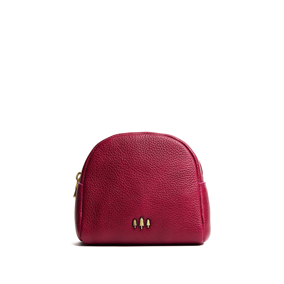 Orchid | Curved top leather pouch with zipper opening, flat base, and three metal tree emblems in front