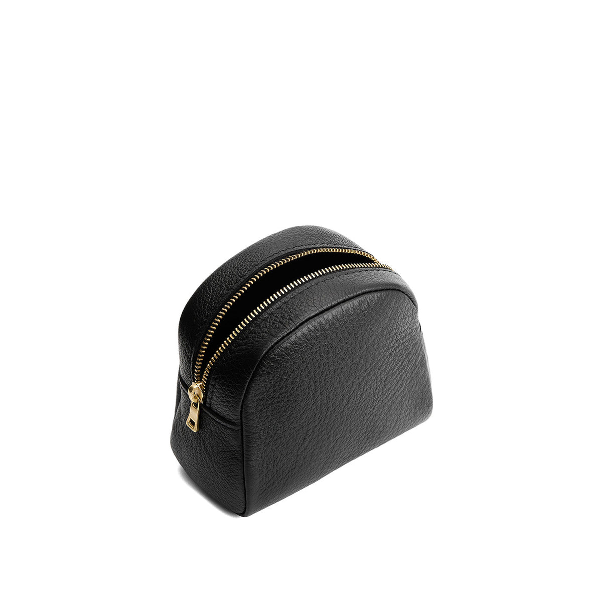 Pebbled--black | Curved top leather pouch with zipper opening, flat base, and three metal tree emblems in front