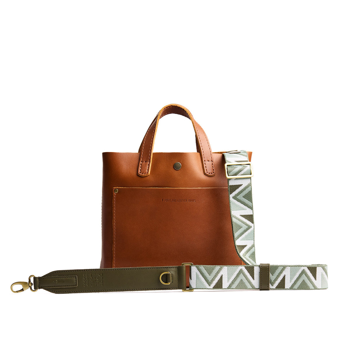 Juniper | Adjustable fabric and leather strap with zig zag pattern on a leather tote bag