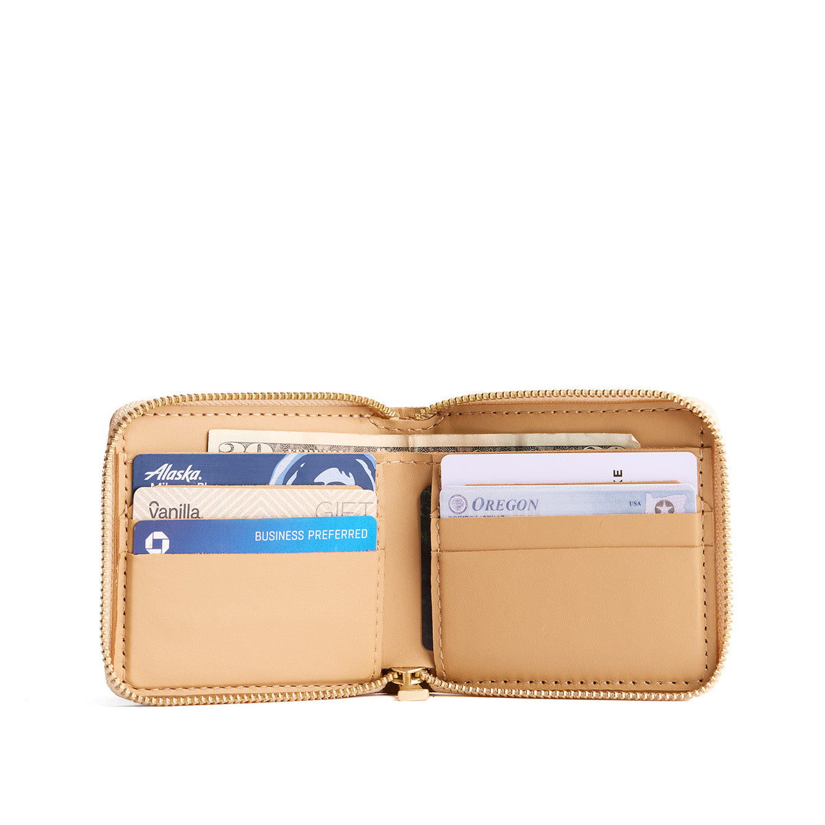 Sunflower | Small leather zippered bifold wallet open